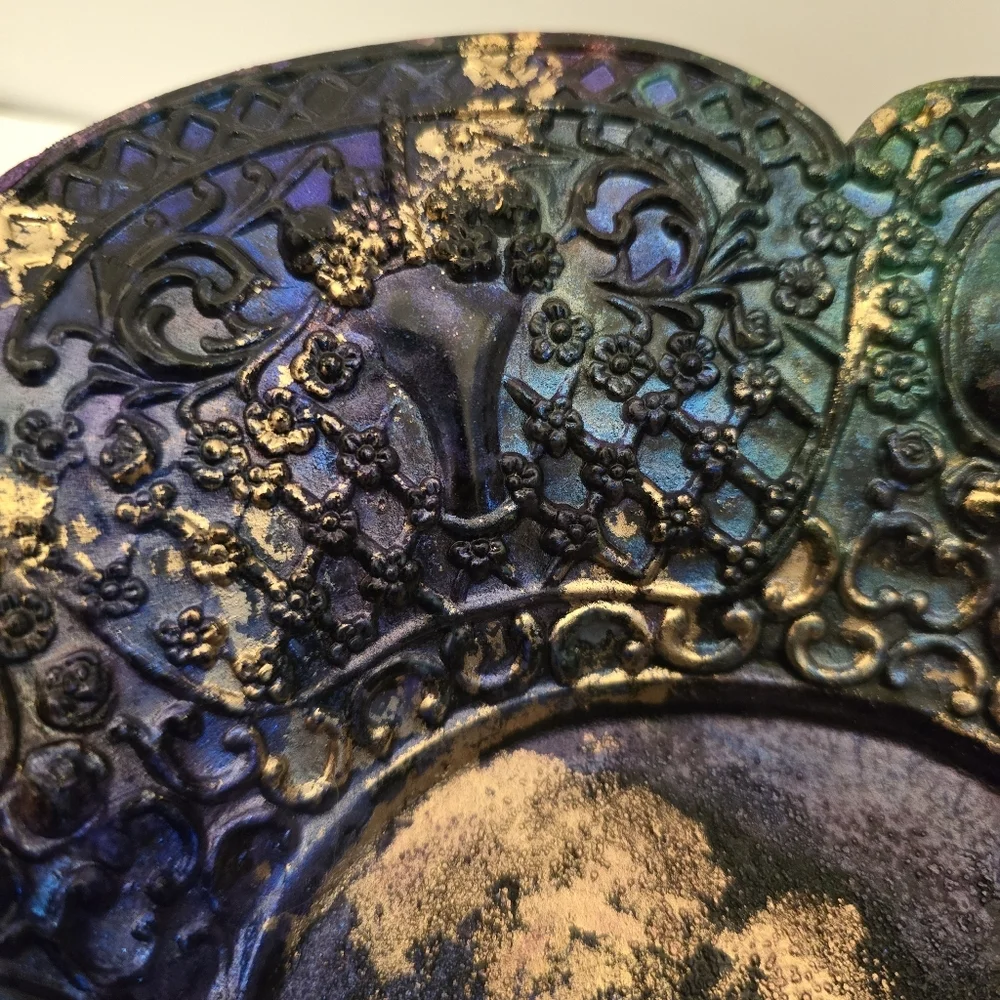 HANDCRAFTED Upcycled Silver Plated Stemmed Dish HANDPAINTED Centerpiece Art